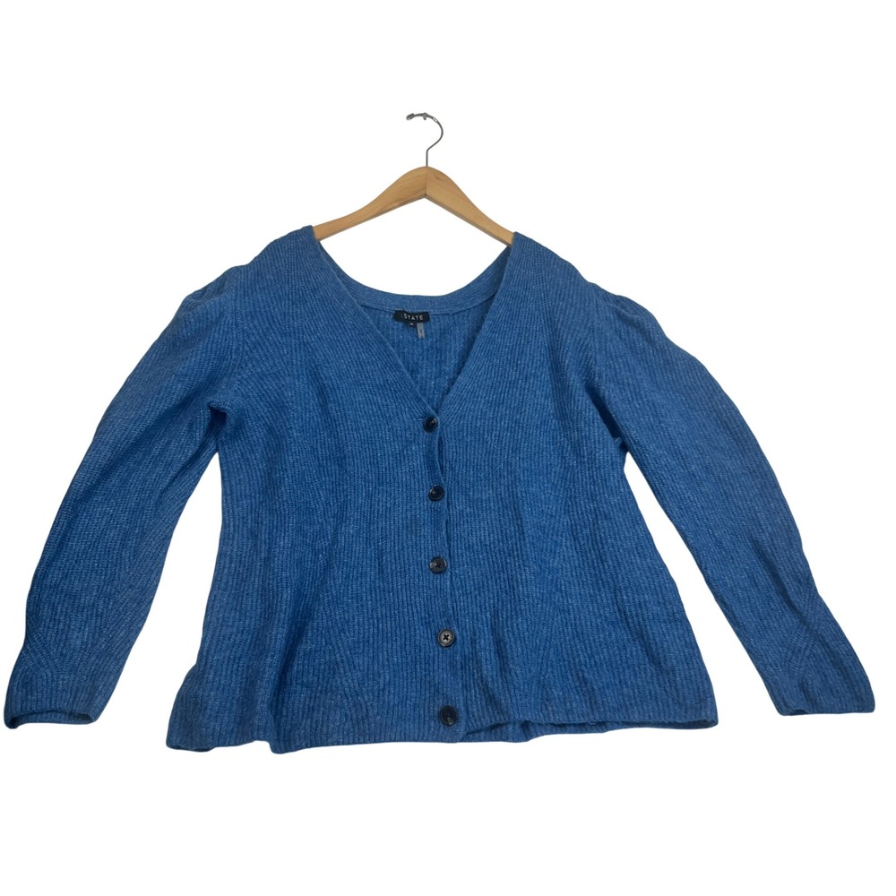 1.STATE Blue Ribbed Knit V-Neck Button Front Cardigan Sweater Plus Size 2X